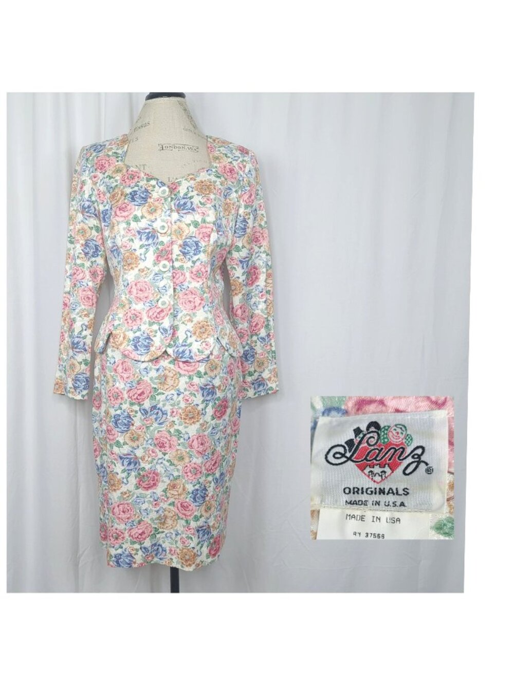 Vintage 80s Lanz Skirt Set Small 6 Floral Blazer